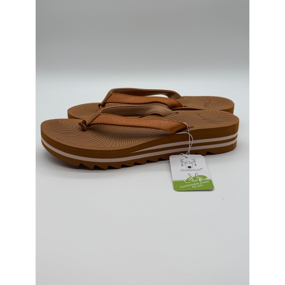 Kuailu Women Khaki Platform Flip Flops Sandals Size 10 Brown Shoes